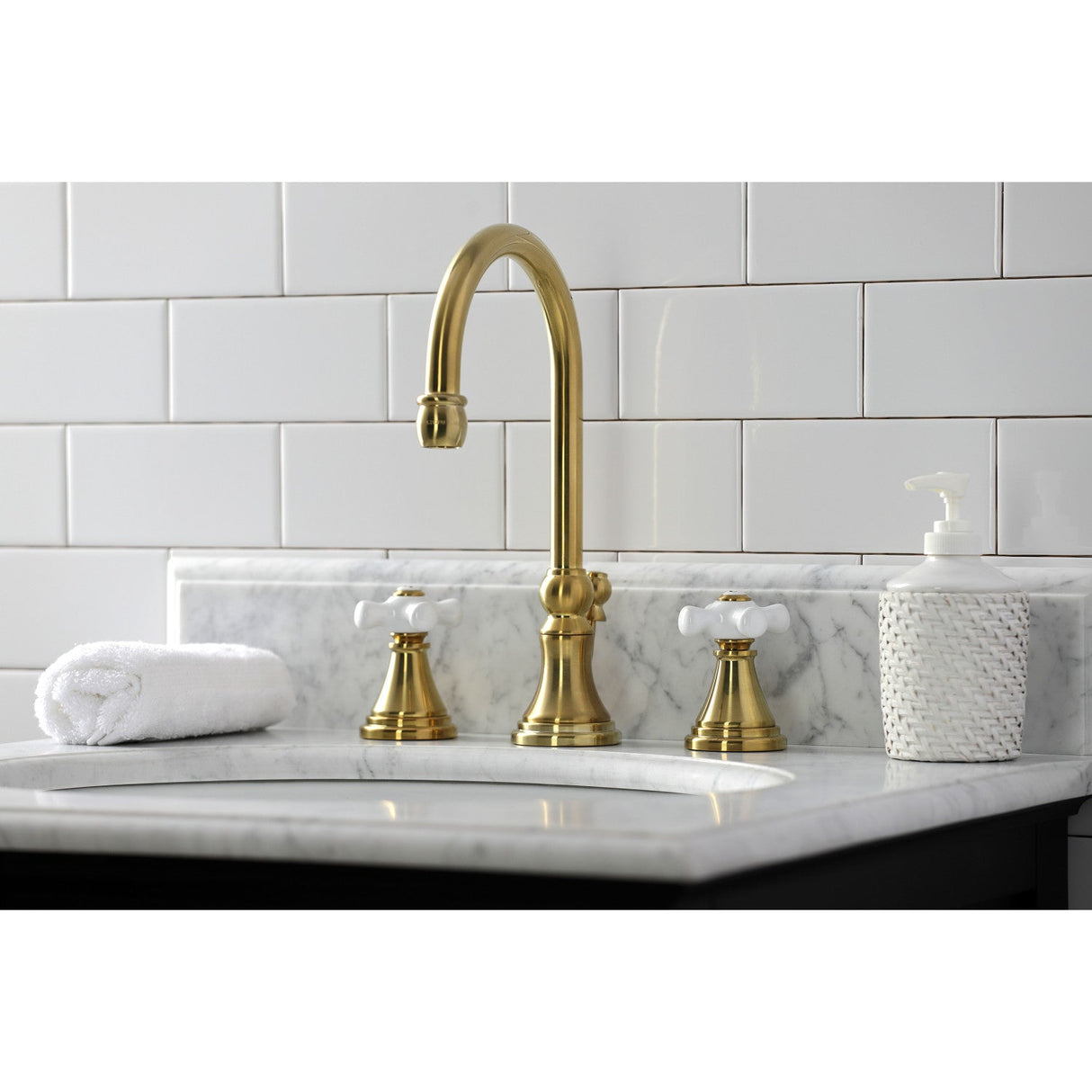 Governor KS2987PX Two-Handle 3-Hole Deck Mount Widespread Bathroom Faucet with Brass Pop-Up, Brushed Brass