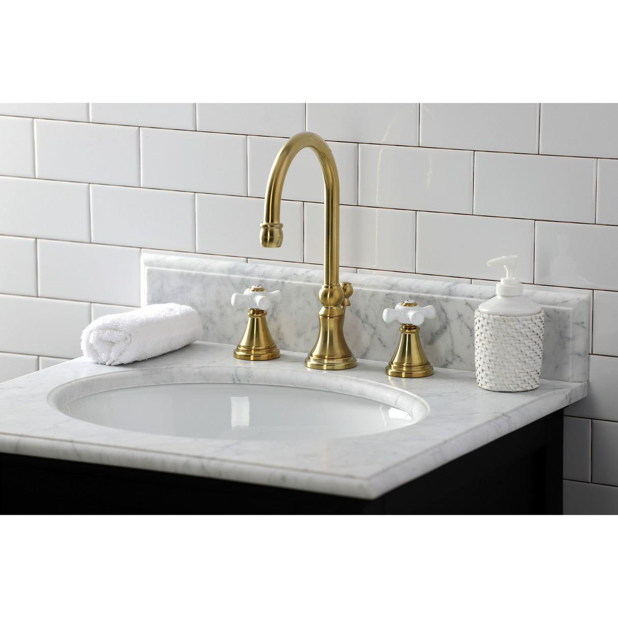 Governor KS2987PX Two-Handle 3-Hole Deck Mount Widespread Bathroom Faucet with Brass Pop-Up, Brushed Brass