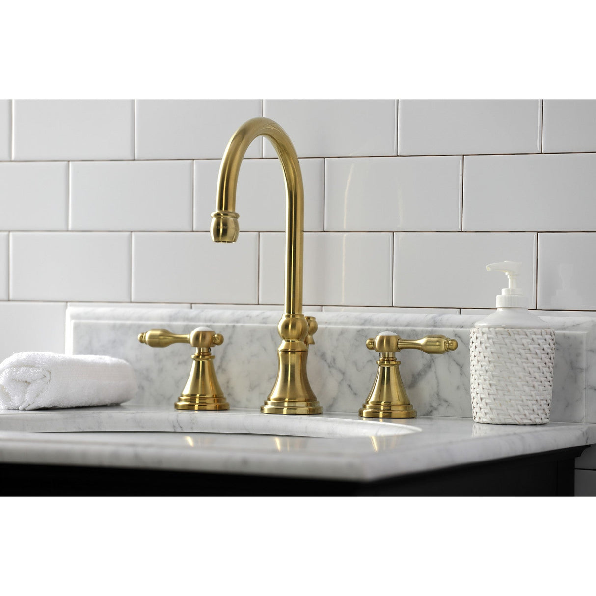 Tudor KS2987TAL Two-Handle 3-Hole Deck Mount Widespread Bathroom Faucet with Brass Pop-Up, Brushed Brass
