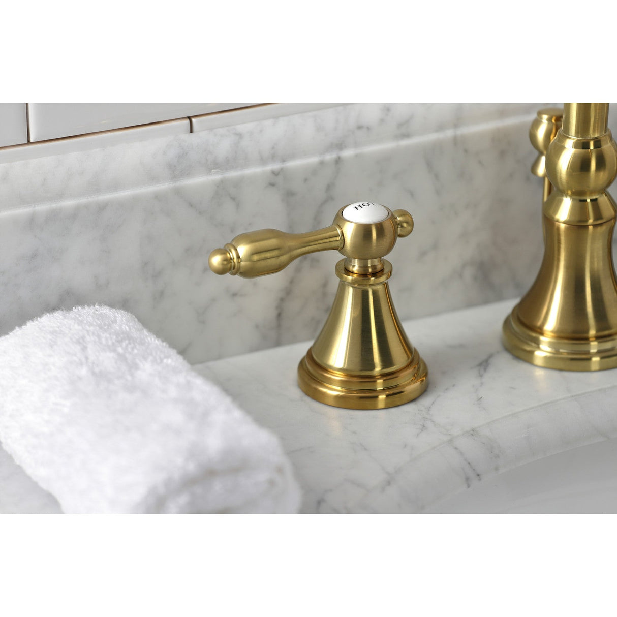 Tudor KS2987TAL Two-Handle 3-Hole Deck Mount Widespread Bathroom Faucet with Brass Pop-Up, Brushed Brass
