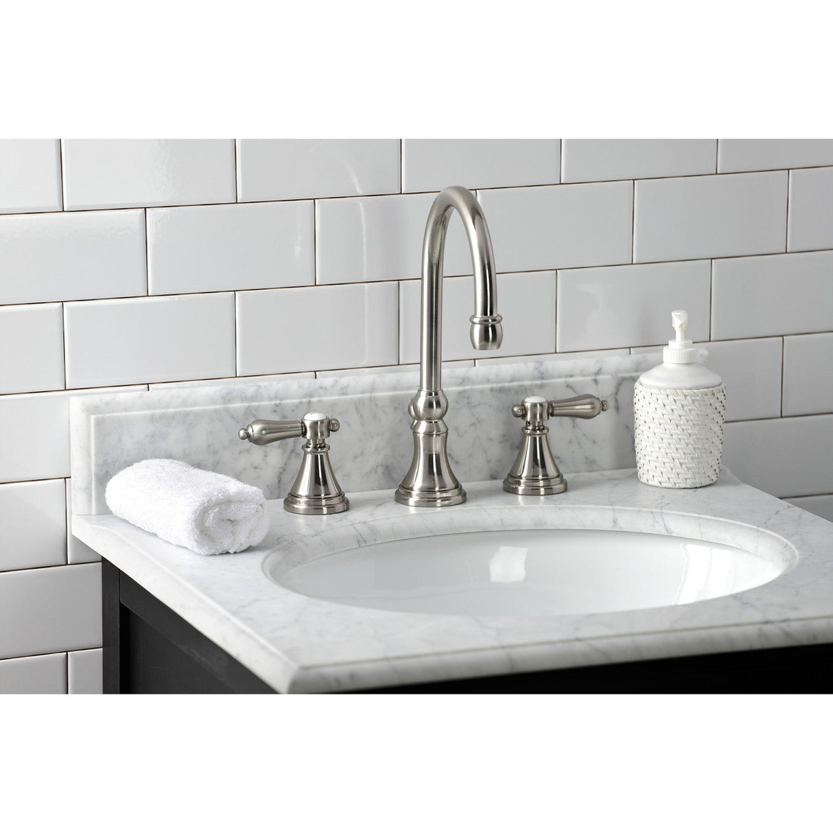 Heirloom KS2988BAL Two-Handle 3-Hole Deck Mount Widespread Bathroom Faucet with Brass Pop-Up, Brushed Nickel