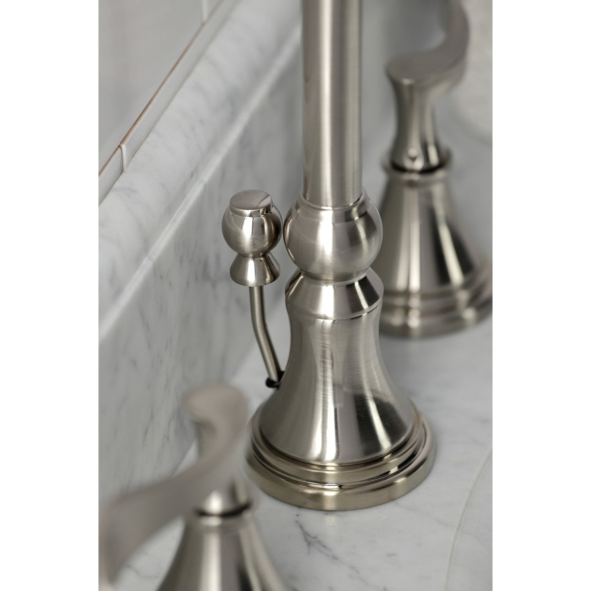 Century KS2988CFL Two-Handle 3-Hole Deck Mount Widespread Bathroom Faucet with Brass Pop-Up, Brushed Nickel