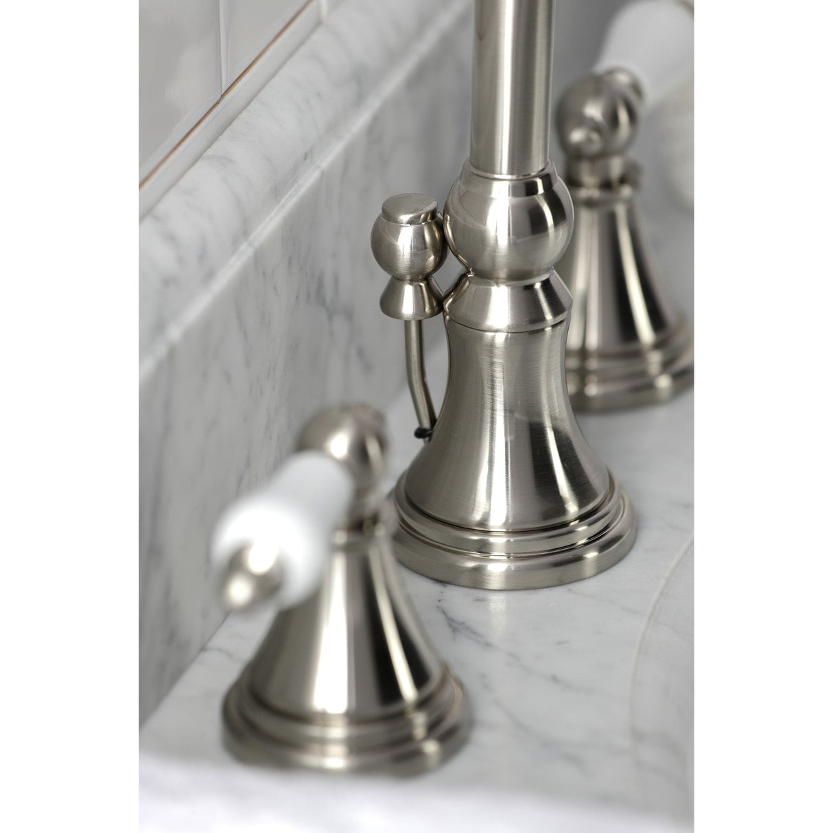 Governor KS2988PL Two-Handle 3-Hole Deck Mount Widespread Bathroom Faucet with Brass Pop-Up, Brushed Nickel