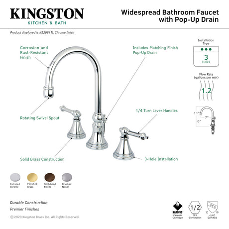 Templeton KS2988TL Two-Handle 3-Hole Deck Mount Widespread Bathroom Faucet with Brass Pop-Up, Brushed Nickel