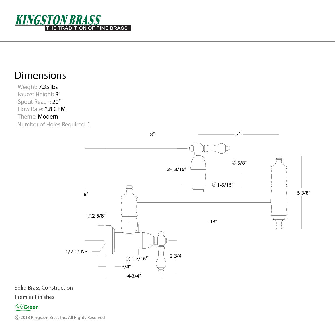 Restoration KS3100AL Two-Handle 1-Hole Wall Mount Pot Filler, Matte Black