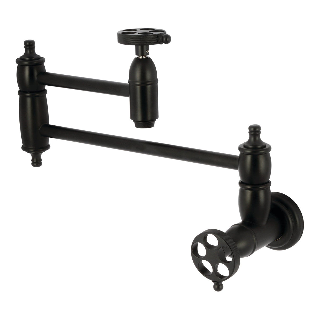 Wendell KS3100RKZ Two-Handle 1-Hole Wall Mount Pot Filler with Knurled Handle, Matte Black