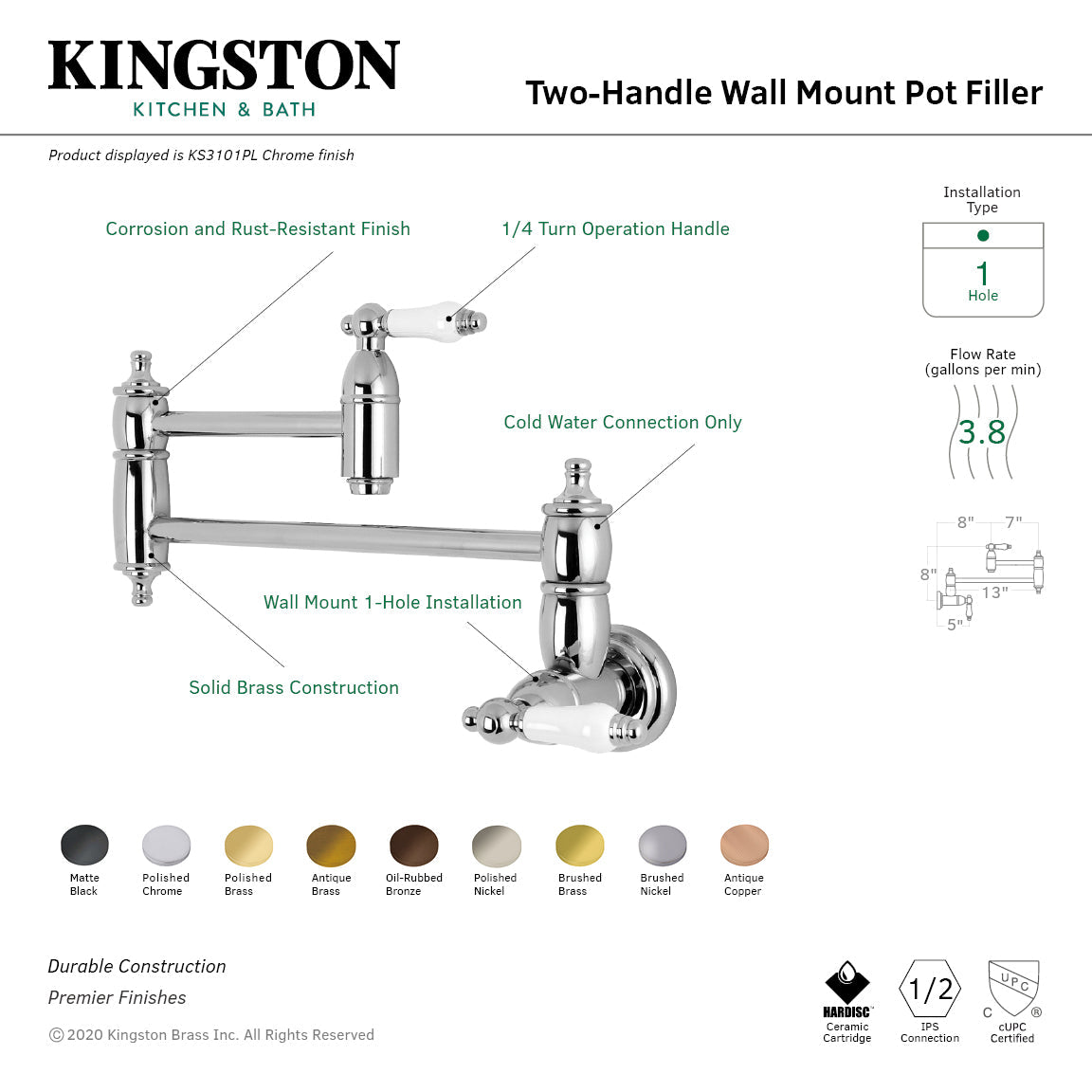 Restoration KS3102PL Two-Handle 1-Hole Wall Mount Pot Filler, Polished Brass
