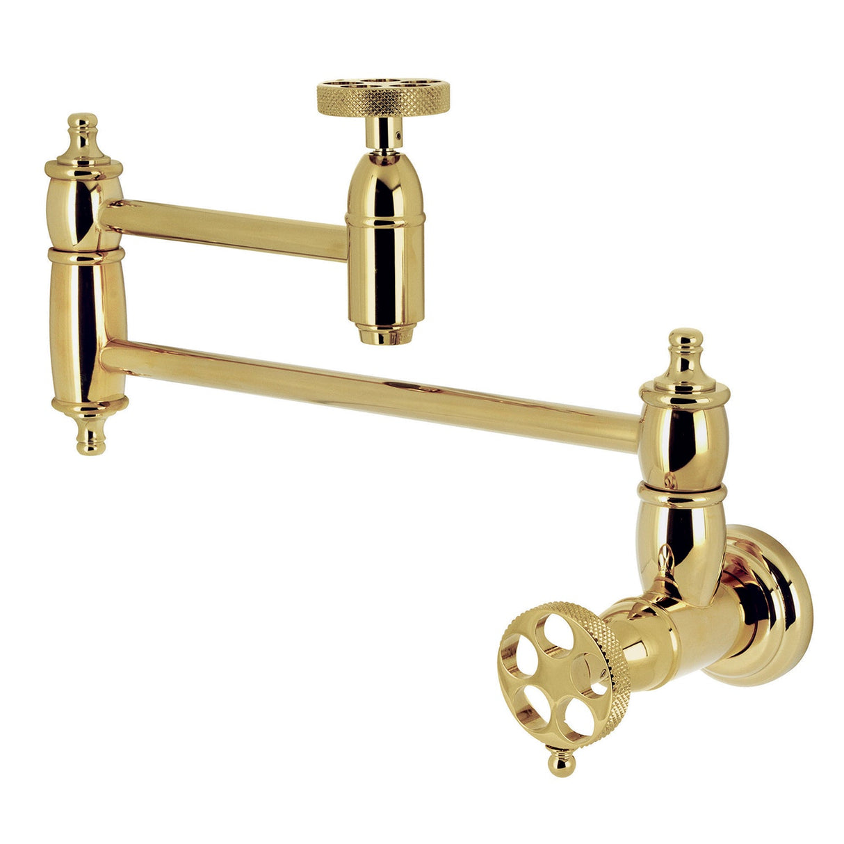 Webb KS3102RKX Two-Handle 1-Hole Wall Mount Pot Filler with Knurled Handle, Polished Brass