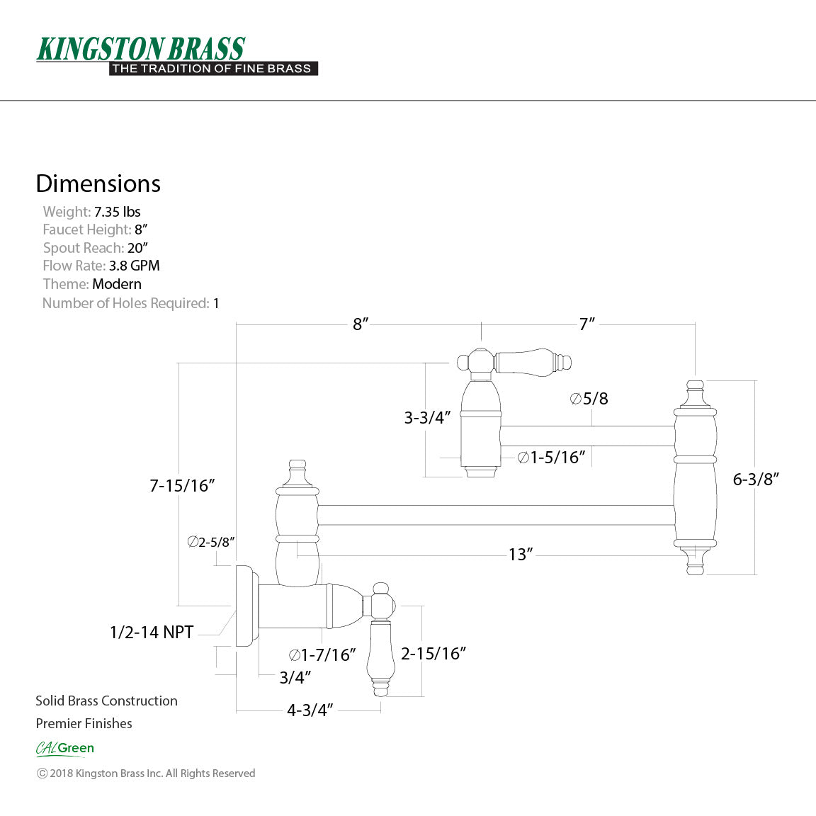 Restoration KS3103PL Two-Handle 1-Hole Wall Mount Pot Filler, Antique Brass