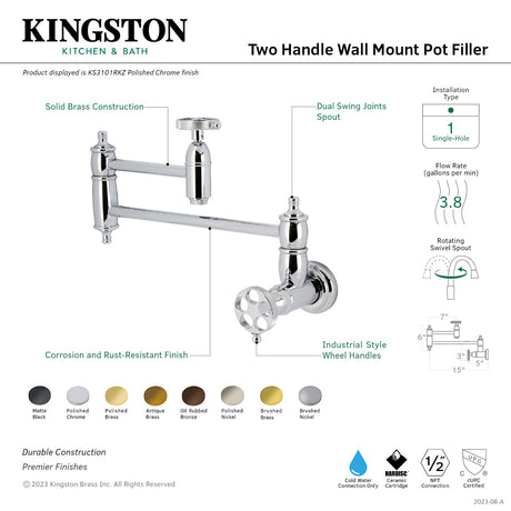 Wendell KS3103RKZ Two-Handle 1-Hole Wall Mount Pot Filler with Knurled Handle, Antique Brass