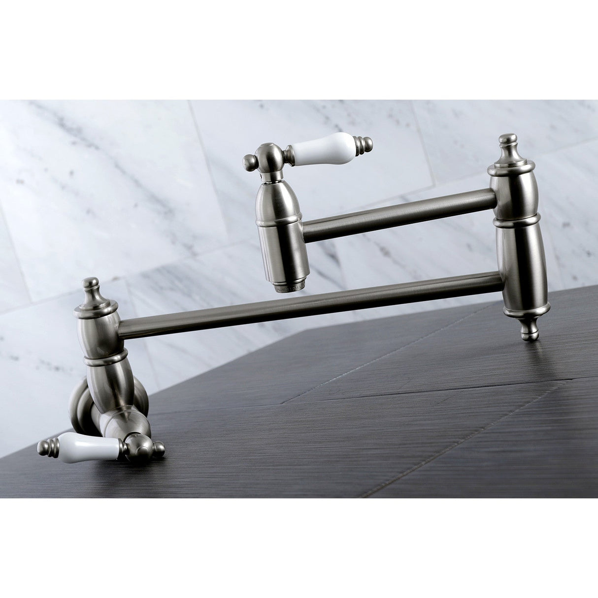 Restoration KS3108PL Two-Handle 1-Hole Wall Mount Pot Filler, Brushed Nickel