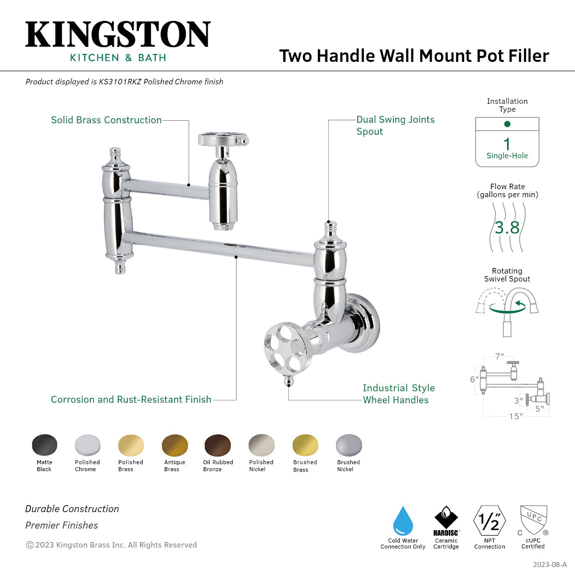 Wendell KS3108RKZ Two-Handle 1-Hole Wall Mount Pot Filler with Knurled Handle, Brushed Nickel