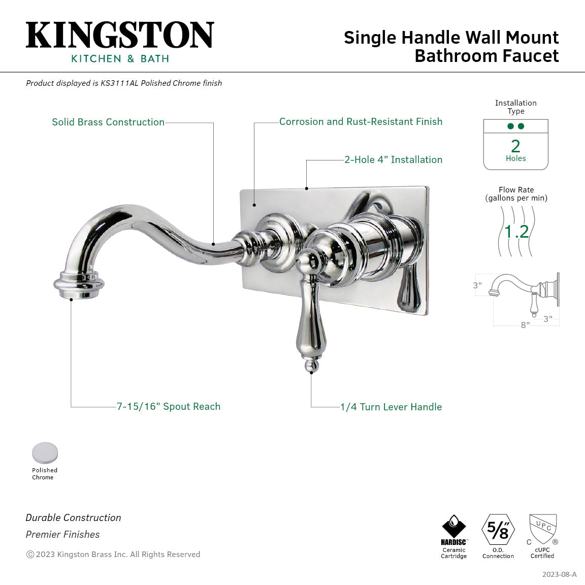 Vintage KS3111AL Single-Handle 2-Hole Wall Mount Bathroom Faucet, Polished Chrome