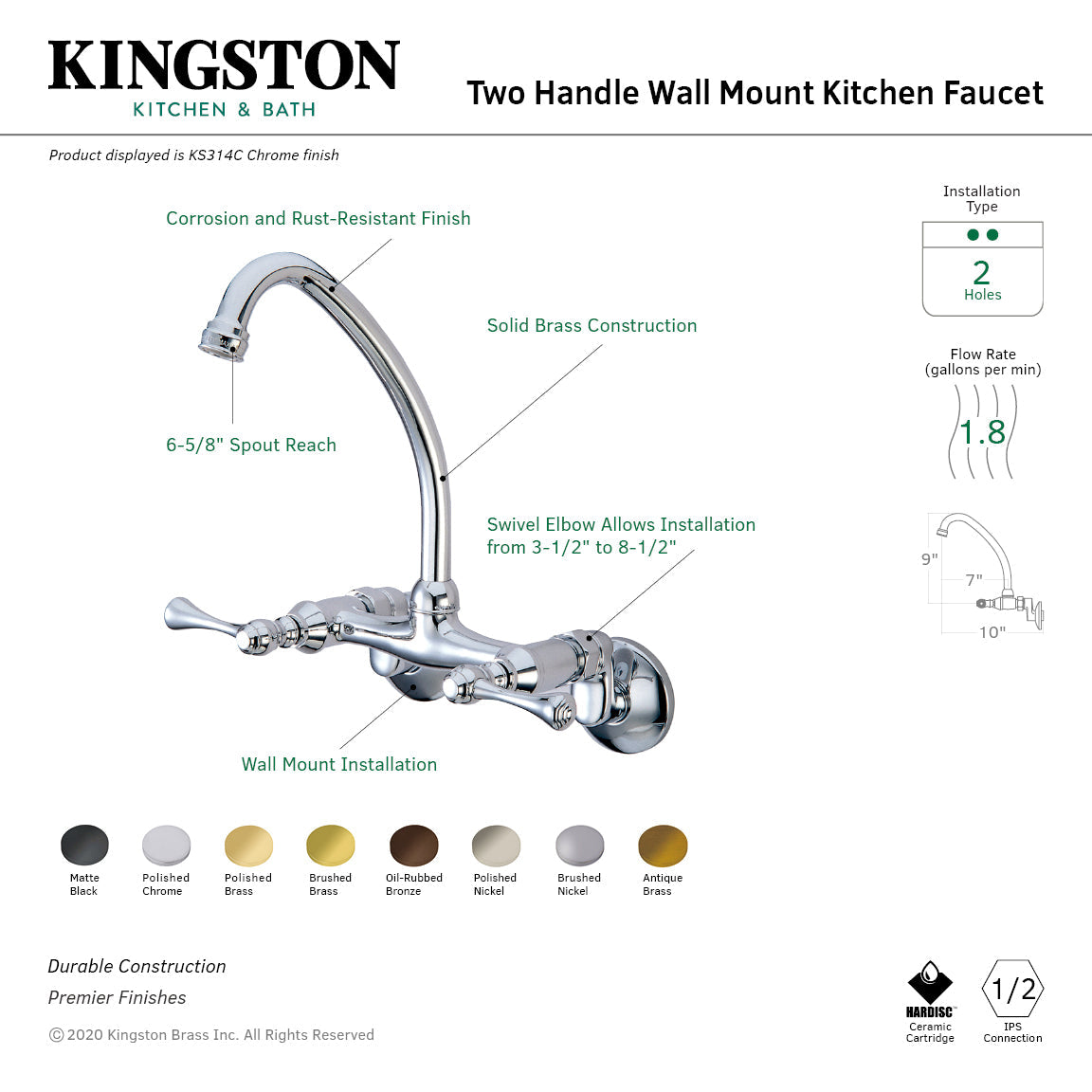 Kingston KS314SB Two-Handle 2-Hole Wall Mount Kitchen Faucet, Brushed Brass