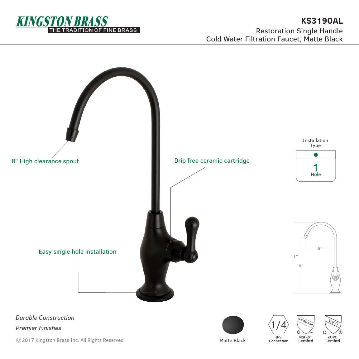 Restoration KS3190AL Single-Handle 1-Hole Deck Mount Water Filtration Faucet, Matte Black
