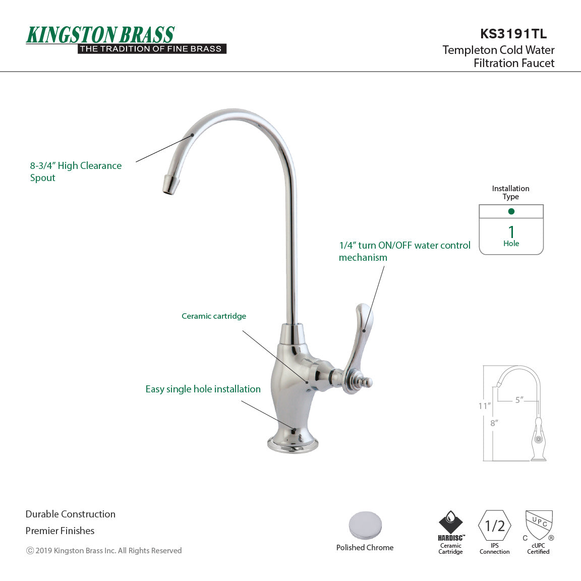 Templeton KS3191TL Single-Handle 1-Hole Deck Mount Water Filtration Faucet, Polished Chrome