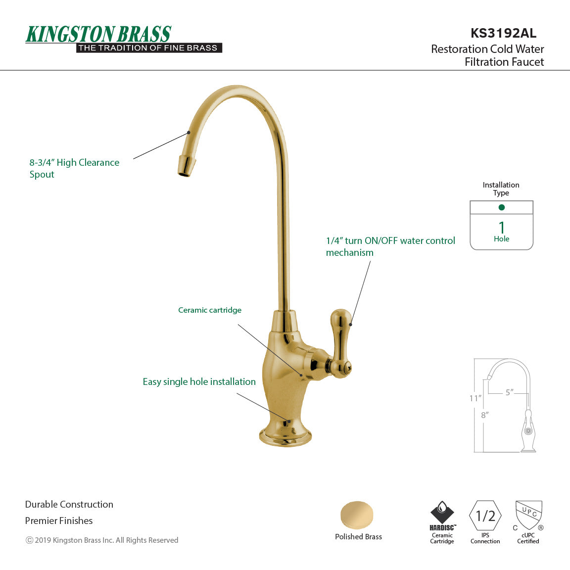 Restoration KS3192AL Single-Handle 1-Hole Deck Mount Water Filtration Faucet, Polished Brass