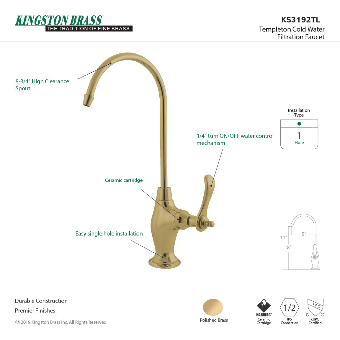 Templeton KS3192TL Single-Handle 1-Hole Deck Mount Water Filtration Faucet, Polished Brass
