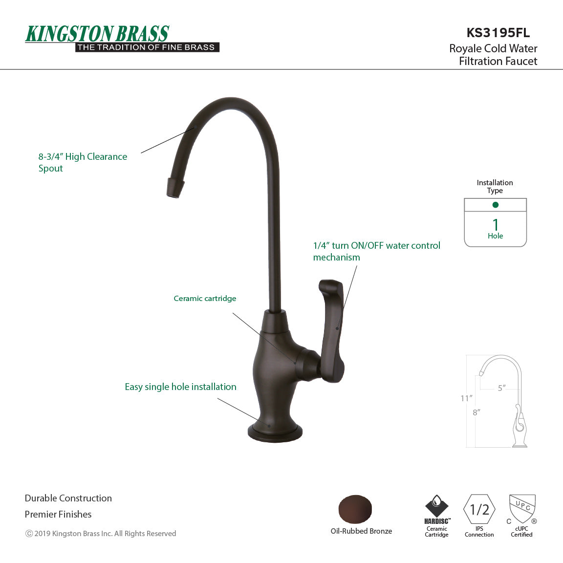 Royale KS3195FL Single-Handle 1-Hole Deck Mount Water Filtration Faucet, Oil Rubbed Bronze