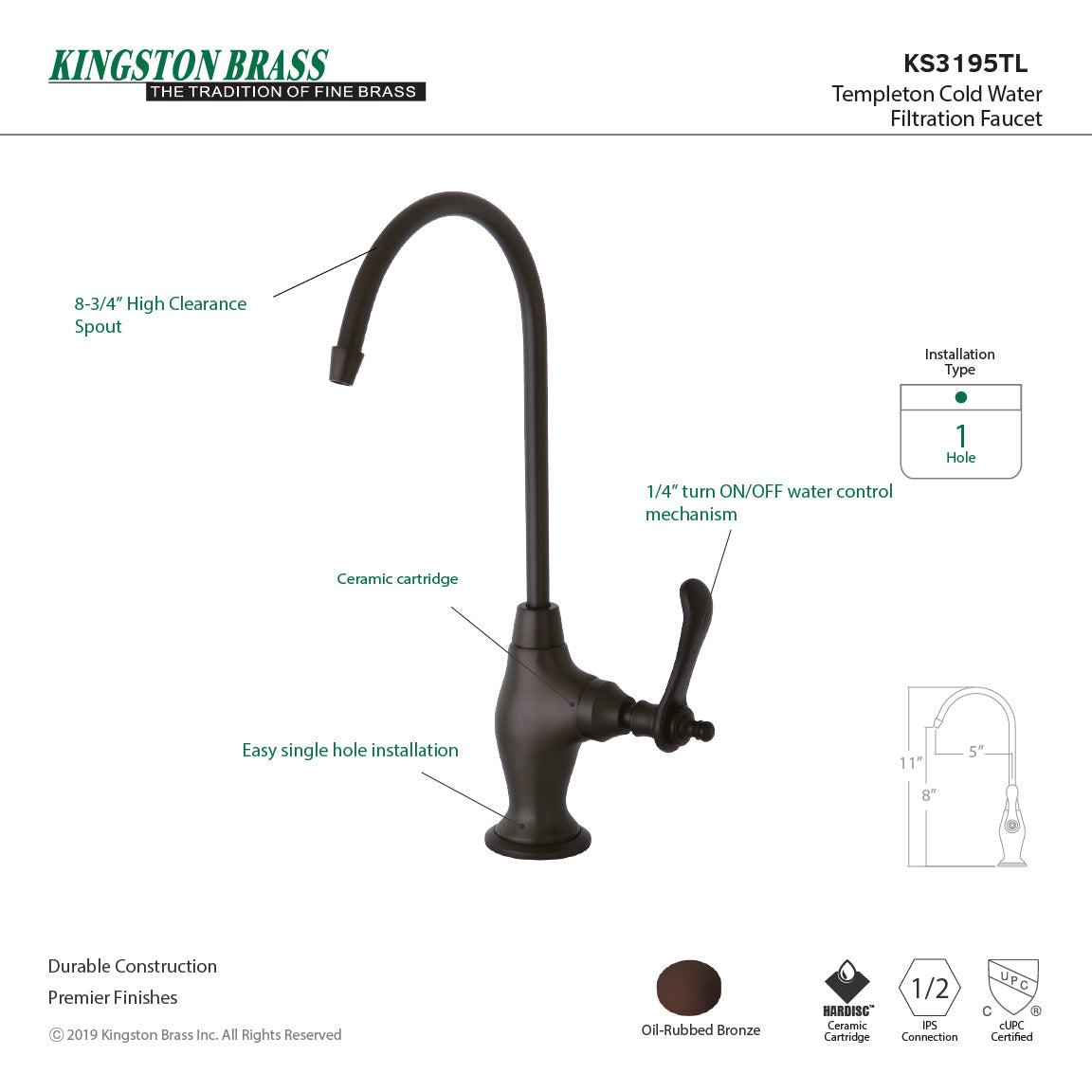 Templeton KS3195TL Single-Handle 1-Hole Deck Mount Water Filtration Faucet, Oil Rubbed Bronze