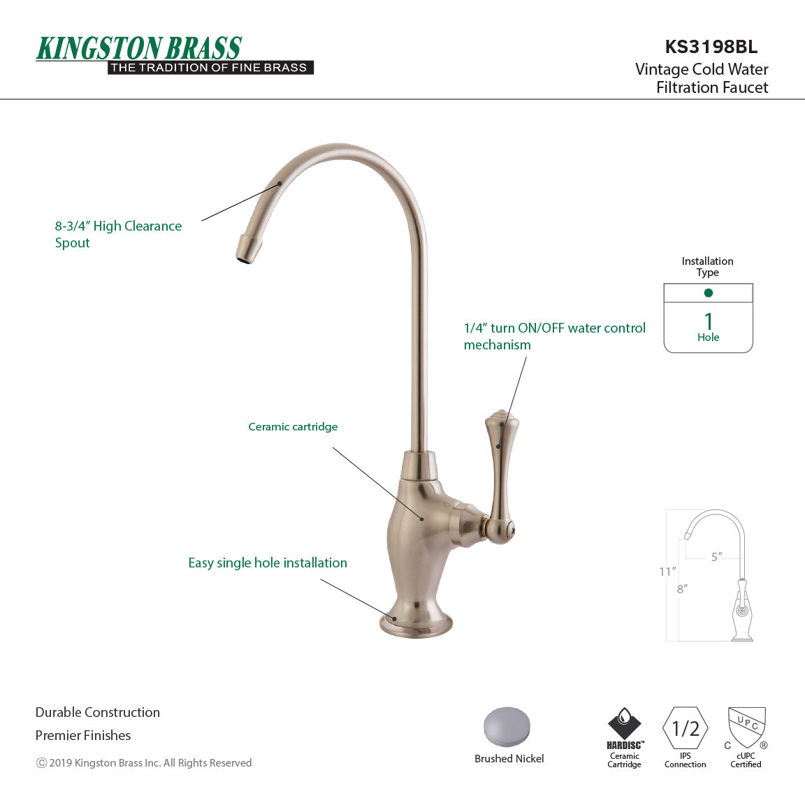 Vintage KS3198BL Single-Handle 1-Hole Deck Mount Water Filtration Faucet, Brushed Nickel