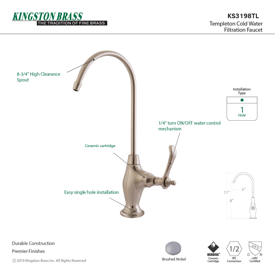 Templeton KS3198TL Single-Handle 1-Hole Deck Mount Water Filtration Faucet, Brushed Nickel