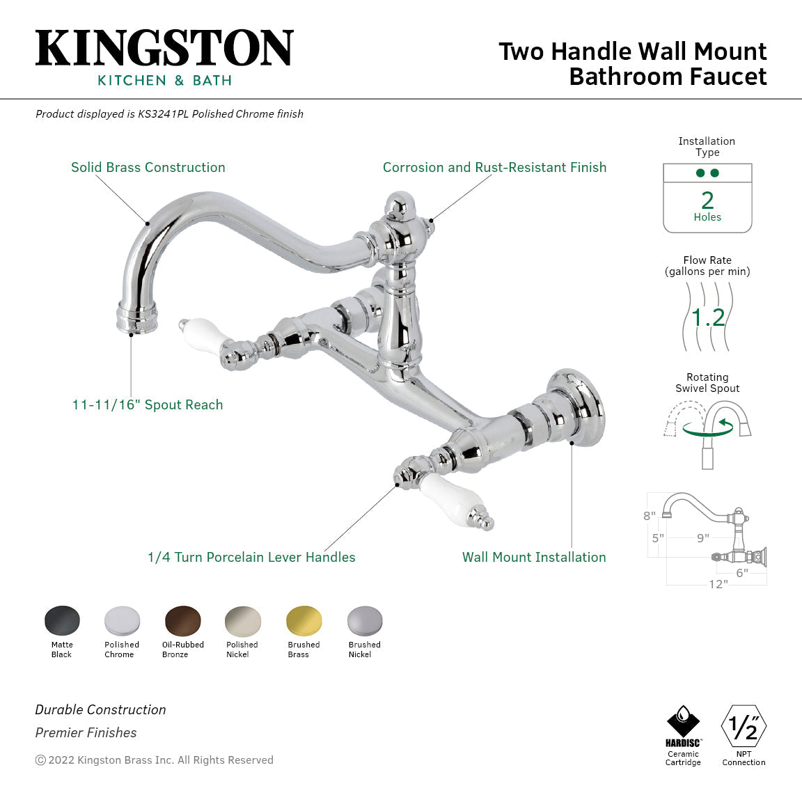 Vintage KS3241PL Two-Handle 2-Hole Wall Mount Bathroom Faucet, Polished Chrome