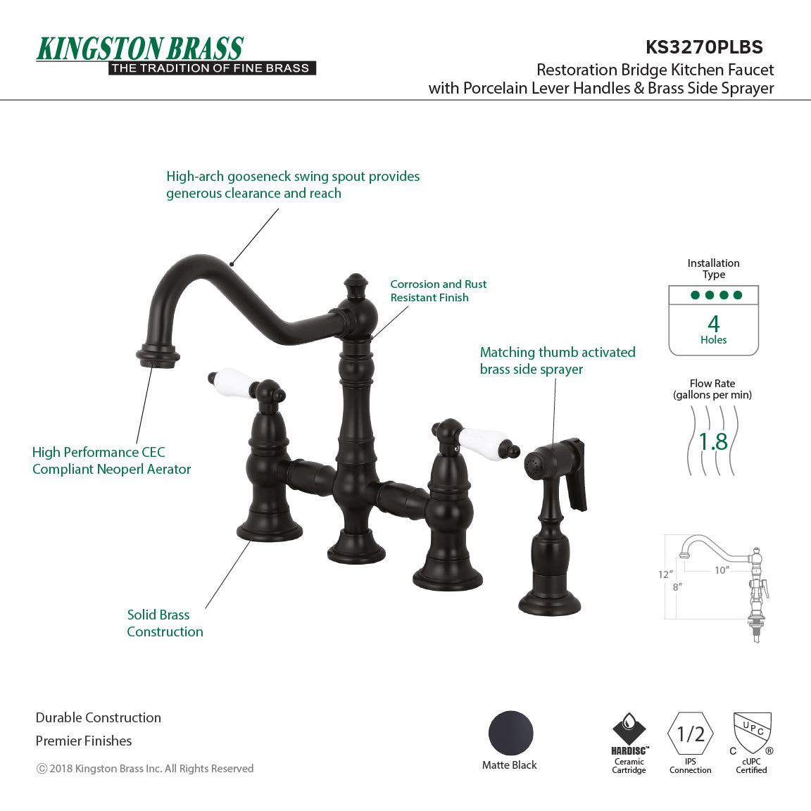 Restoration KS3270PLBS Two-Handle 4-Hole Deck Mount Bridge Kitchen Faucet with Side Sprayer, Matte Black