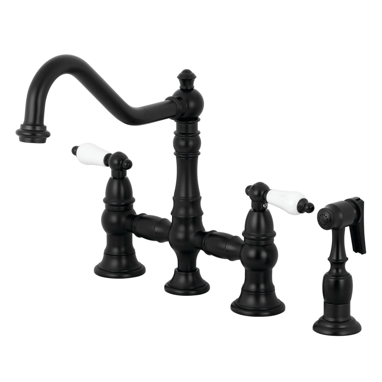 Restoration KS3270PLBS Two-Handle 4-Hole Deck Mount Bridge Kitchen Faucet with Side Sprayer, Matte Black