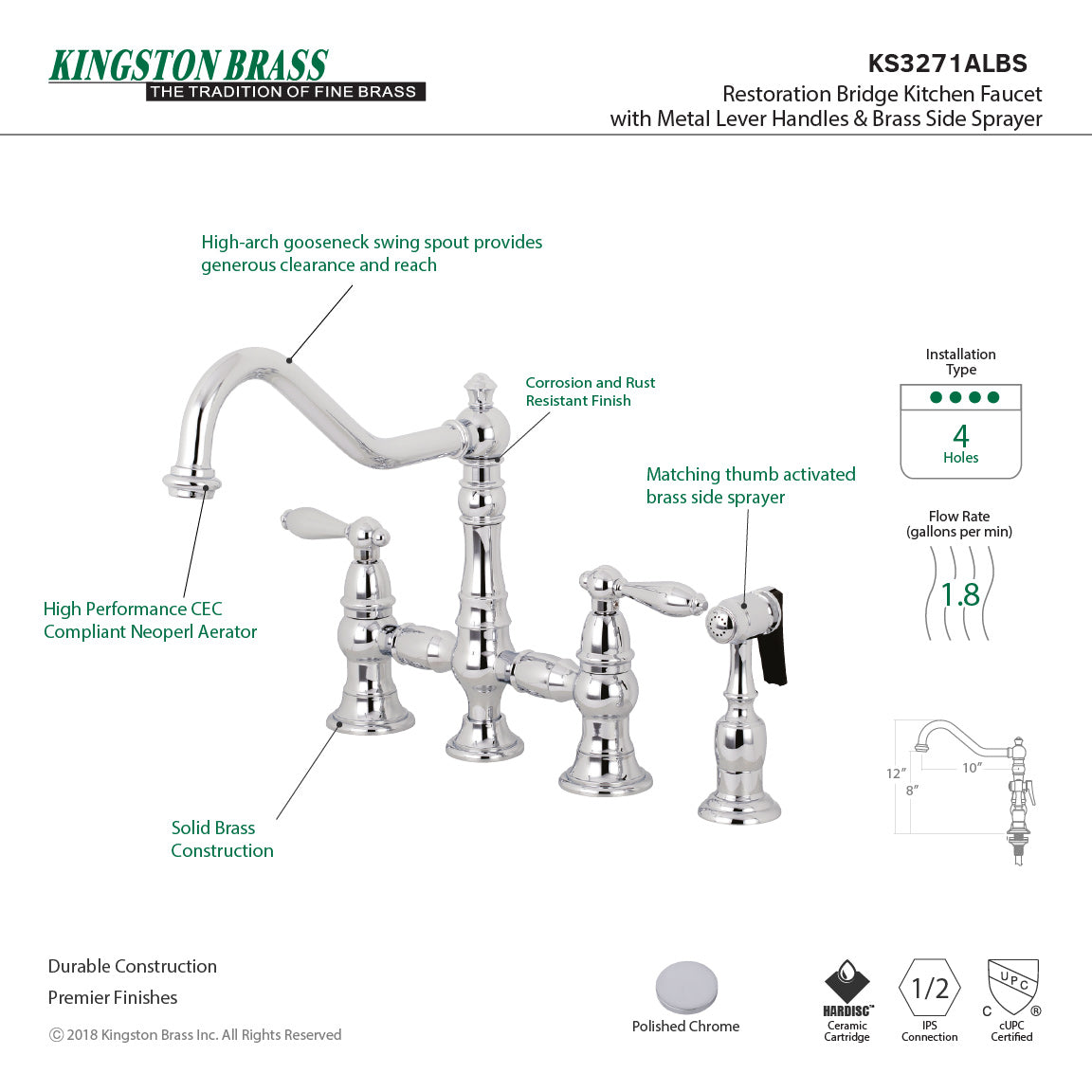 Restoration KS3271ALBS Two-Handle 4-Hole Deck Mount Bridge Kitchen Faucet with Side Sprayer, Polished Chrome