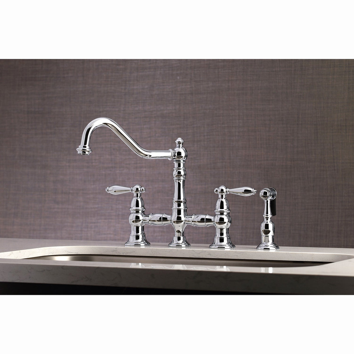 Restoration KS3271ALBS Two-Handle 4-Hole Deck Mount Bridge Kitchen Faucet with Side Sprayer, Polished Chrome