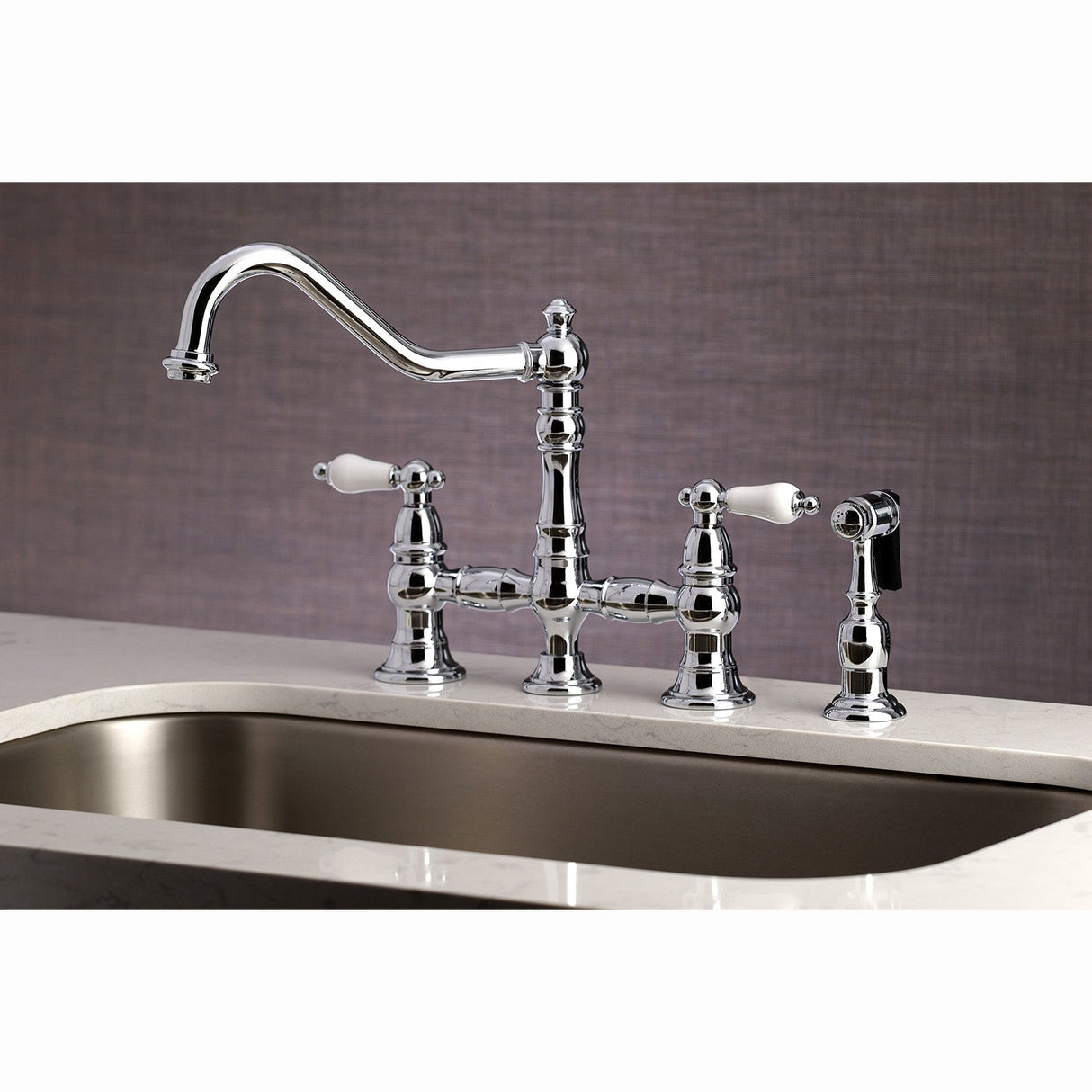 Restoration KS3271PLBS Two-Handle 4-Hole Deck Mount Bridge Kitchen Faucet with Side Sprayer, Polished Chrome