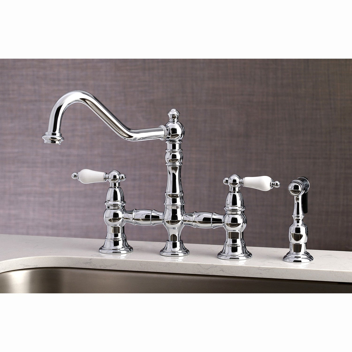 Restoration KS3271PLBS Two-Handle 4-Hole Deck Mount Bridge Kitchen Faucet with Side Sprayer, Polished Chrome