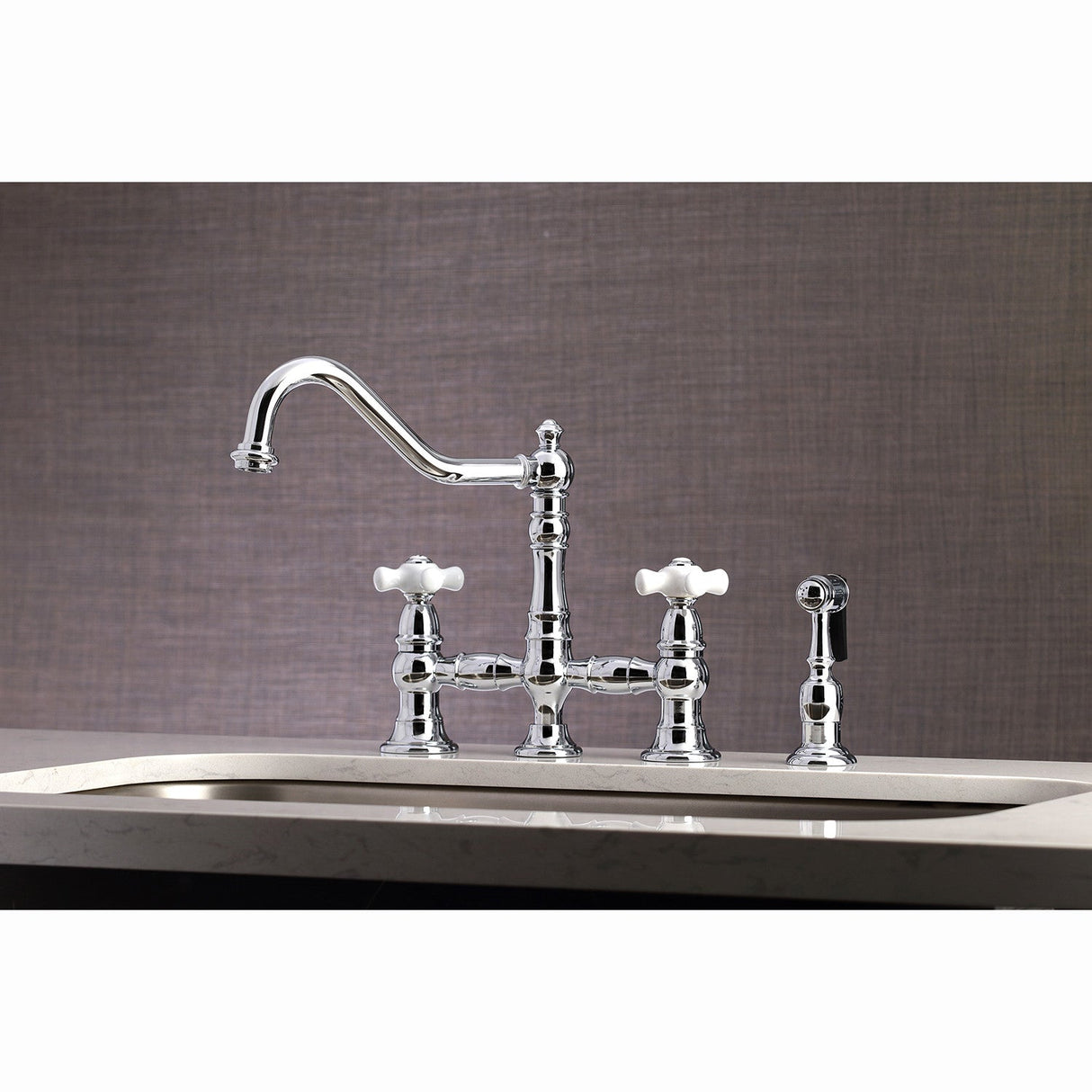 Restoration KS3271PXBS Two-Handle 4-Hole Deck Mount Bridge Kitchen Faucet with Side Sprayer, Polished Chrome