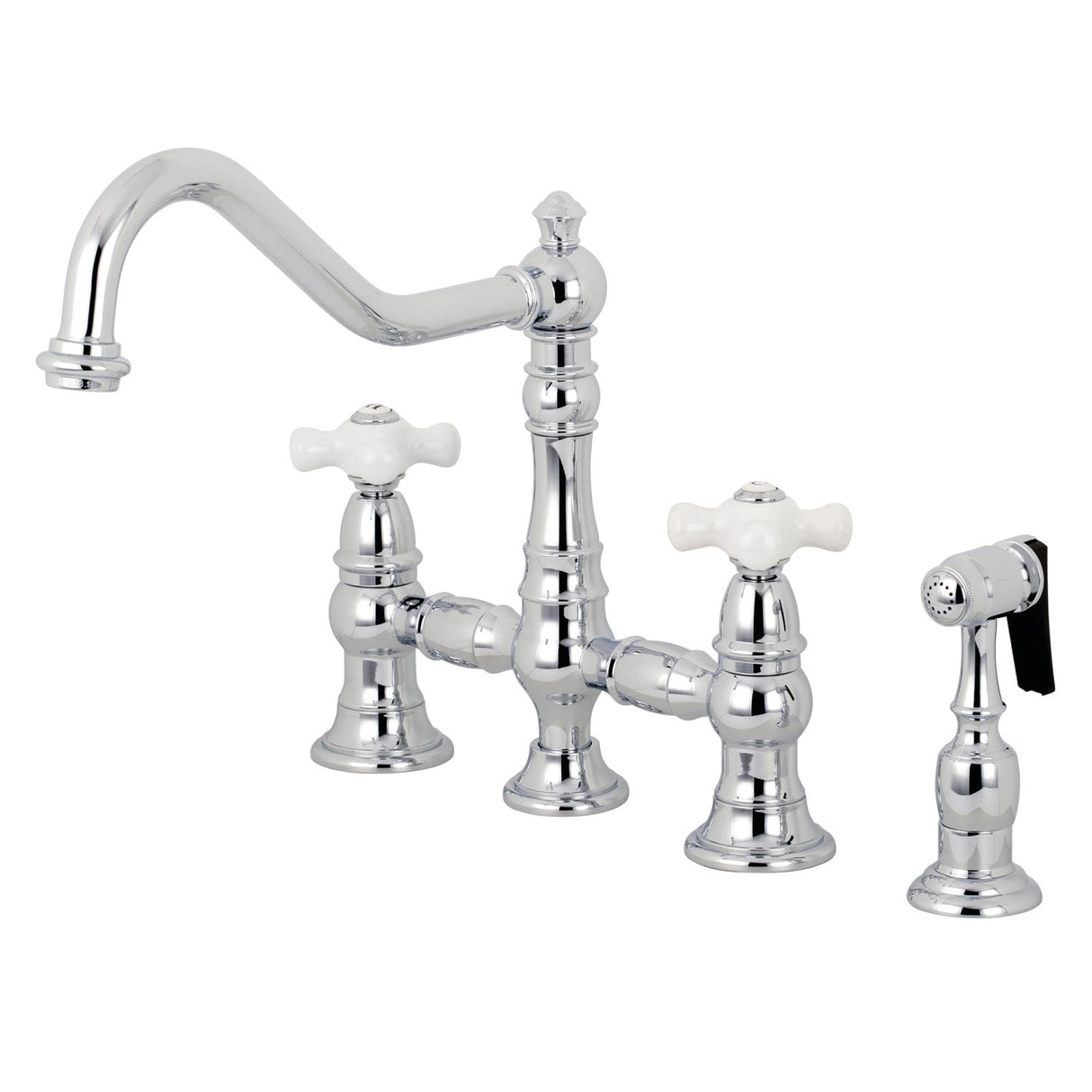 Restoration KS3271PXBS Two-Handle 4-Hole Deck Mount Bridge Kitchen Faucet with Side Sprayer, Polished Chrome