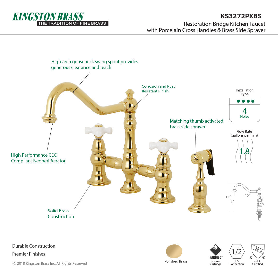Restoration KS3272PXBS Two-Handle 4-Hole Deck Mount Bridge Kitchen Faucet with Side Sprayer, Polished Brass