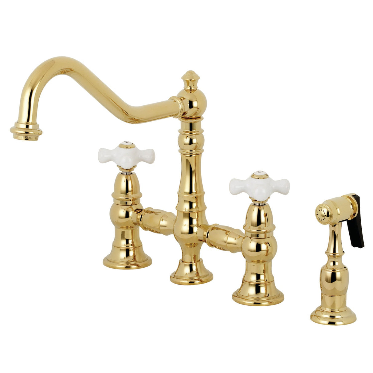 Restoration KS3272PXBS Two-Handle 4-Hole Deck Mount Bridge Kitchen Faucet with Side Sprayer, Polished Brass
