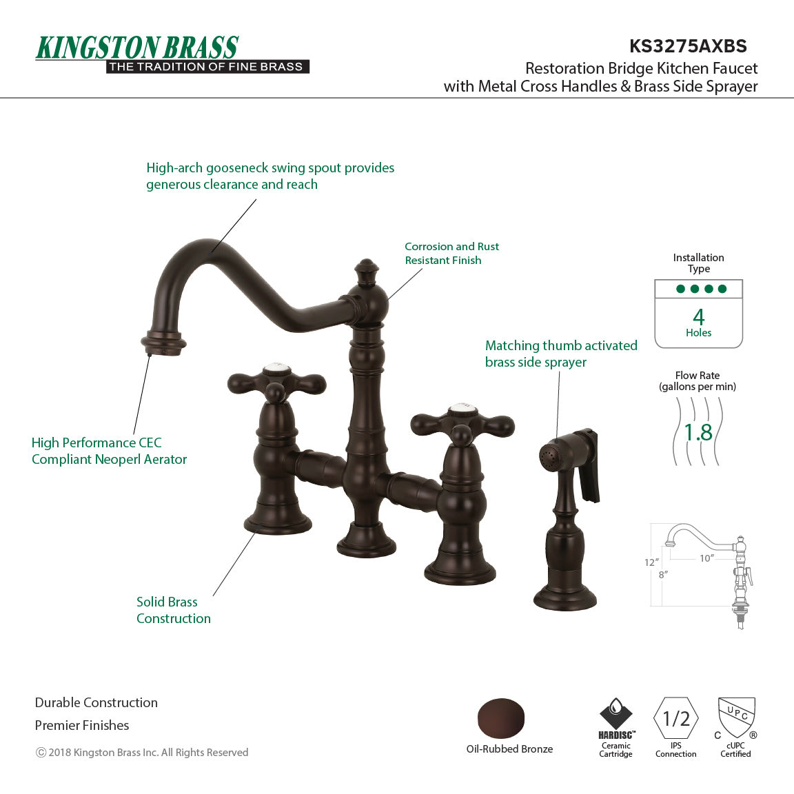 Restoration KS3275AXBS Two-Handle 4-Hole Deck Mount Bridge Kitchen Faucet with Side Sprayer, Oil Rubbed Bronze