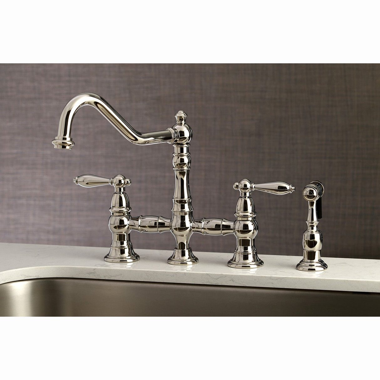 Restoration KS3276ALBS Two-Handle 4-Hole Deck Mount Bridge Kitchen Faucet with Side Sprayer, Polished Nickel