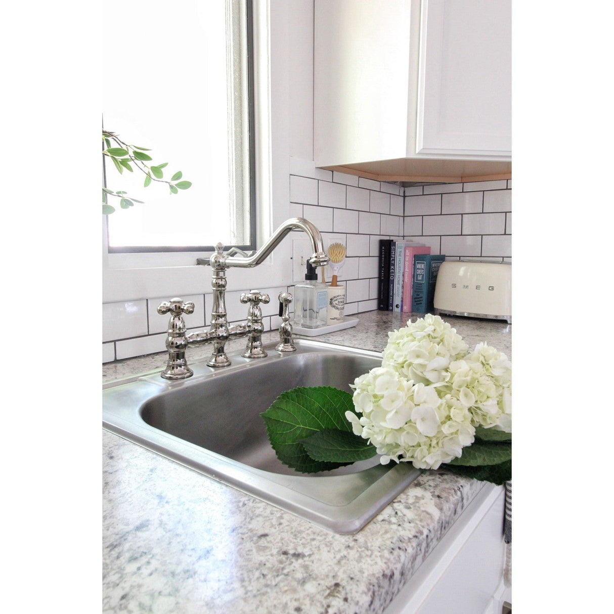 Restoration KS3276AXBS Two-Handle 4-Hole Deck Mount Bridge Kitchen Faucet with Side Sprayer, Polished Nickel