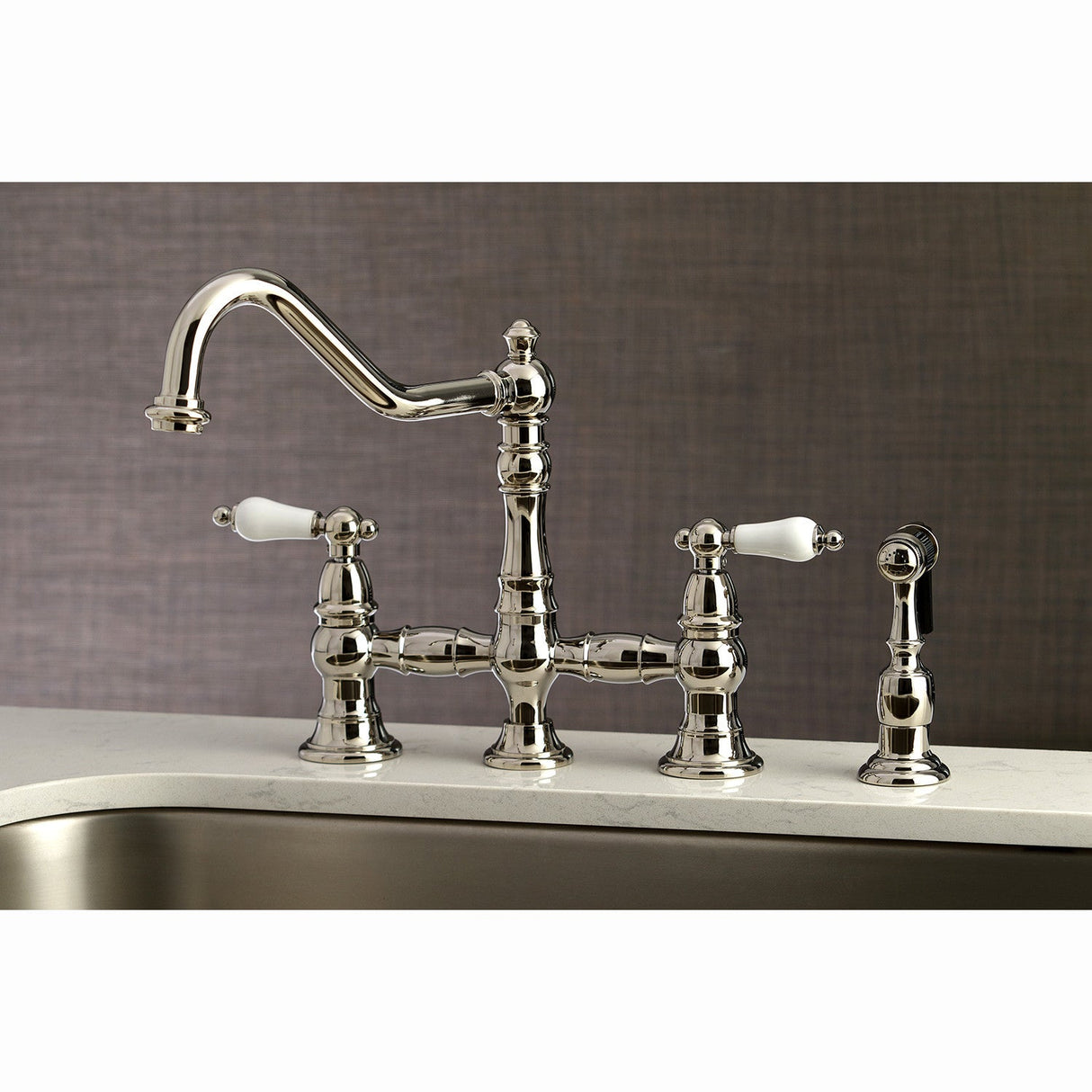 Restoration KS3276PLBS Two-Handle 4-Hole Deck Mount Bridge Kitchen Faucet with Side Sprayer, Polished Nickel