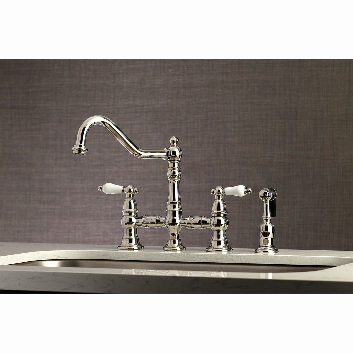 Restoration KS3276PLBS Two-Handle 4-Hole Deck Mount Bridge Kitchen Faucet with Side Sprayer, Polished Nickel