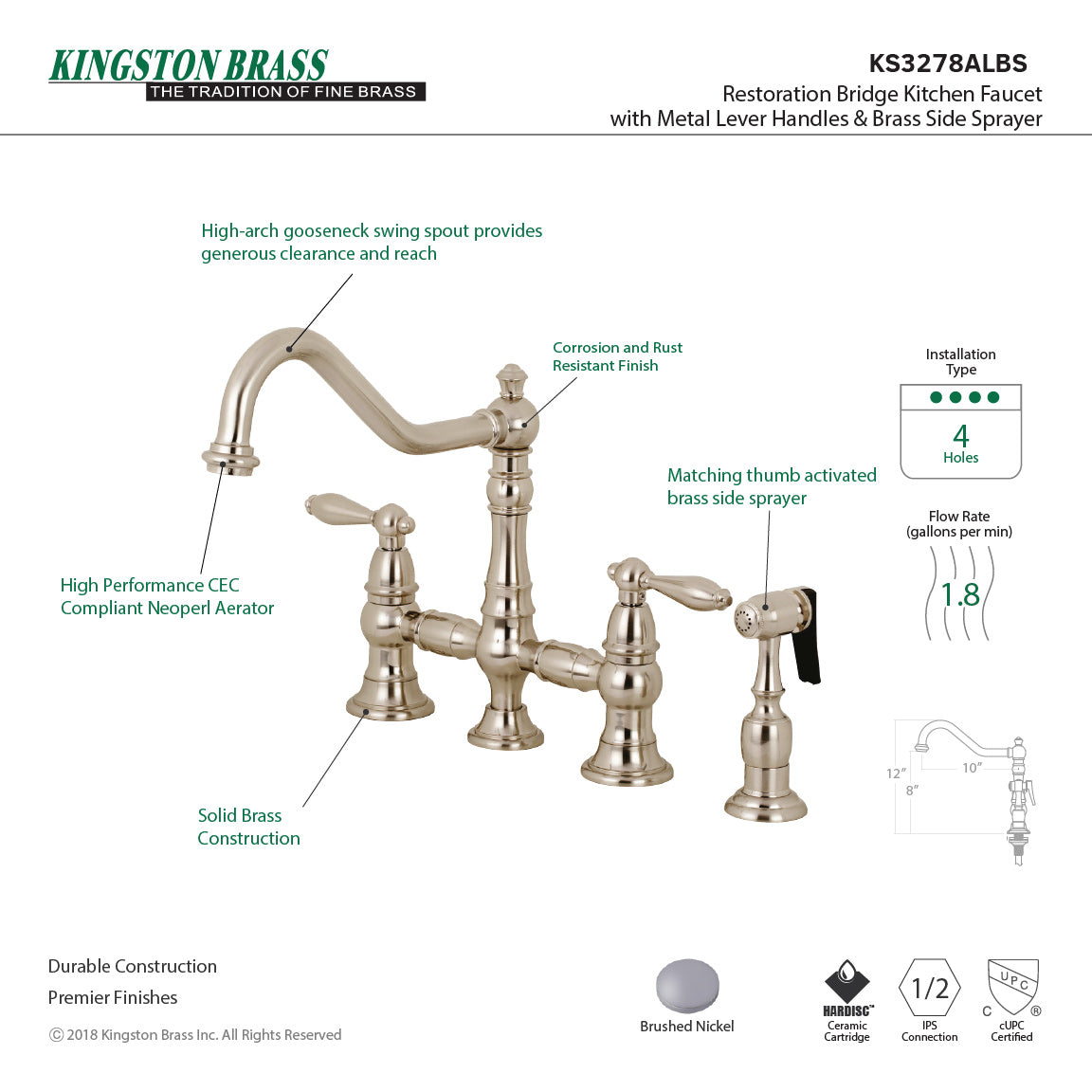 Restoration KS3278ALBS Two-Handle 4-Hole Deck Mount Bridge Kitchen Faucet with Side Sprayer, Brushed Nickel