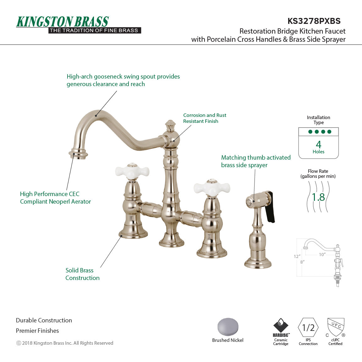 Restoration KS3278PXBS Two-Handle 4-Hole Deck Mount Bridge Kitchen Faucet with Side Sprayer, Brushed Nickel