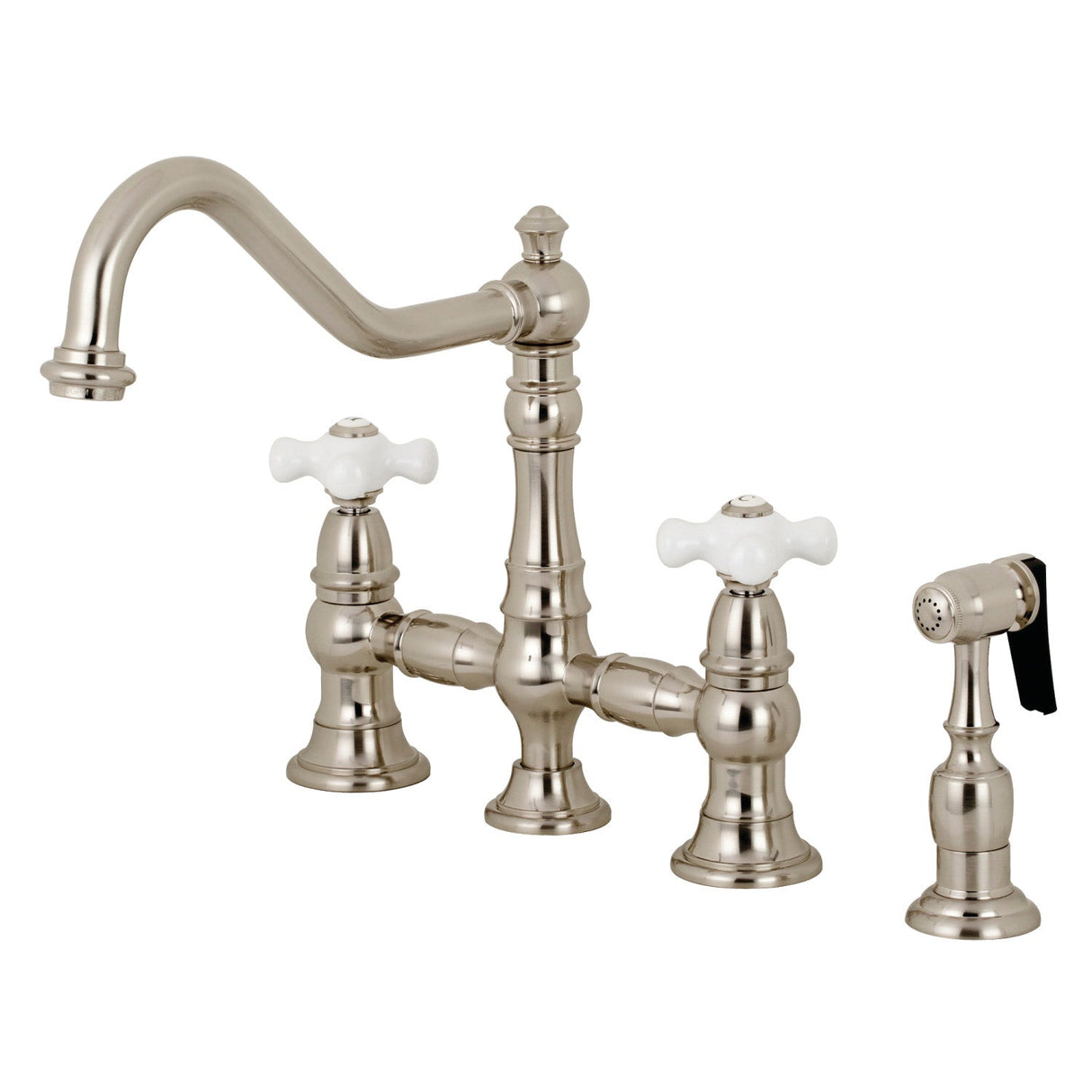 Restoration KS3278PXBS Two-Handle 4-Hole Deck Mount Bridge Kitchen Faucet with Side Sprayer, Brushed Nickel