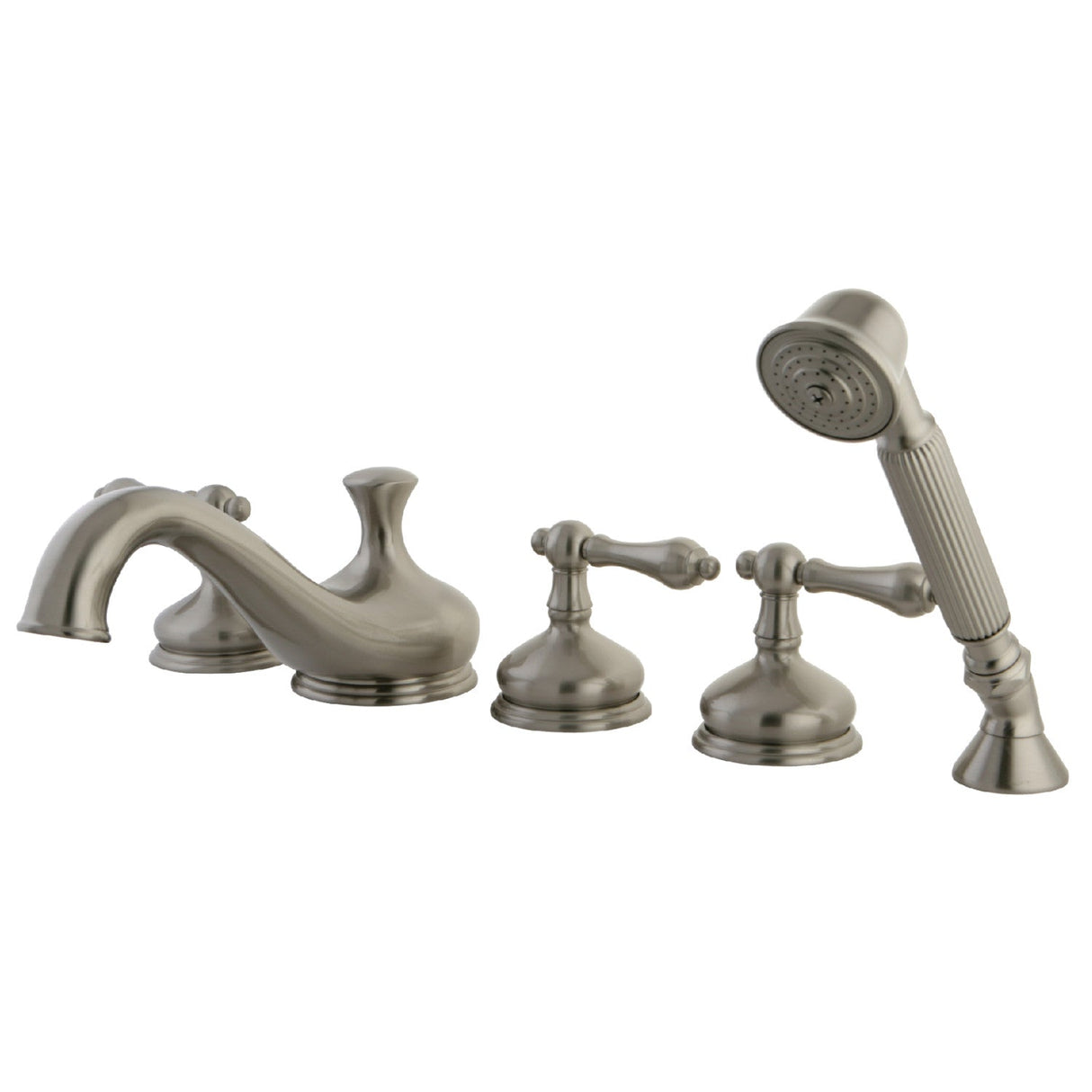 Restoration KS33385AL Three-Handle 5-Hole Deck Mount Roman Tub Faucet with Hand Shower, Brushed Nickel