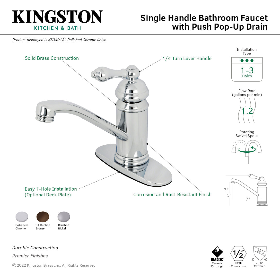 Vintage KS3405AL Single-Handle 1-Hole Deck Mount Bathroom Faucet with Push Pop-Up, Oil Rubbed Bronze