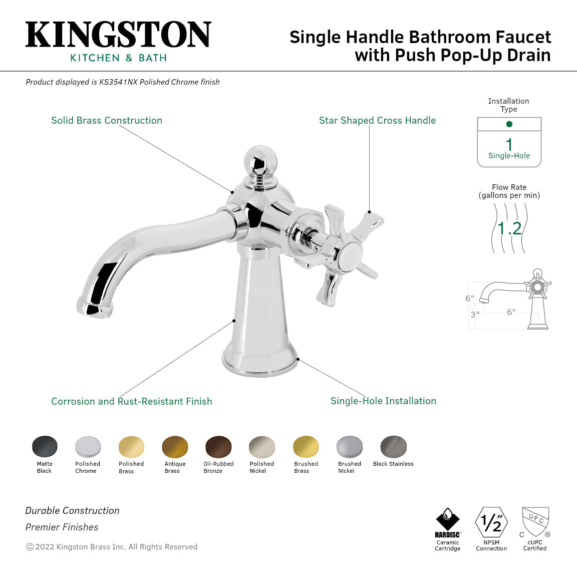 Hamilton KS3540NX Single-Handle 1-Hole Deck Mount Bathroom Faucet with Push Pop-Up, Matte Black