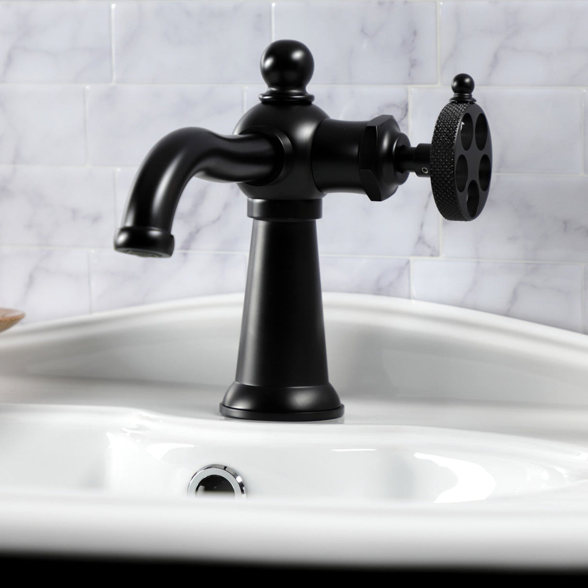 Webb KS3540RKX Single-Handle 1-Hole Deck Mount Bathroom Faucet with Knurled Handle and Push Pop-Up Drain, Matte Black