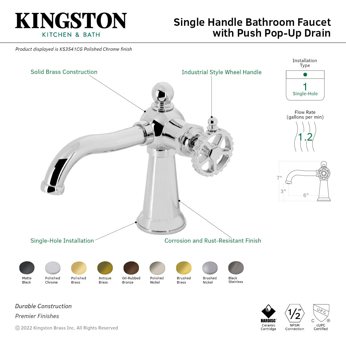 Fuller KS3541CG Single-Handle 1-Hole Deck Mount Bathroom Faucet with Push Pop-Up, Polished Chrome